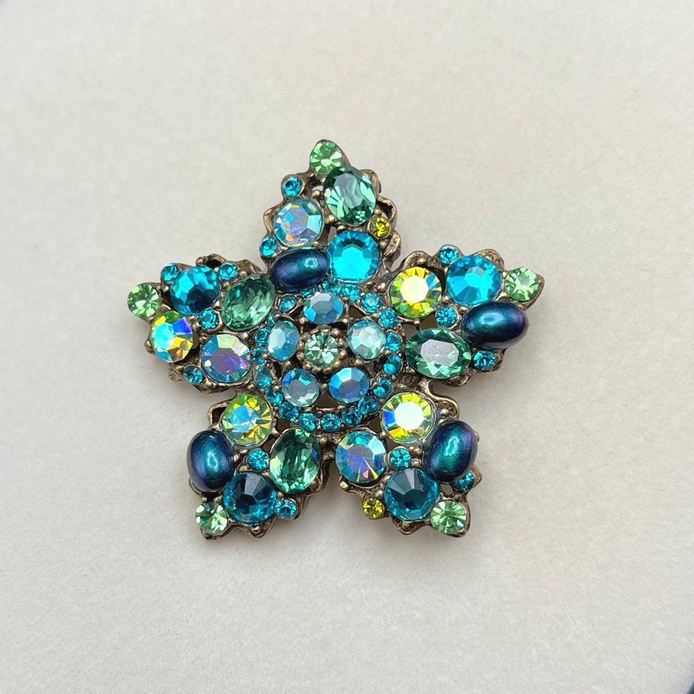 Sweet Romance AB Rhinestone Brooch Teal Green Blue Star Pin Vintage Style READ